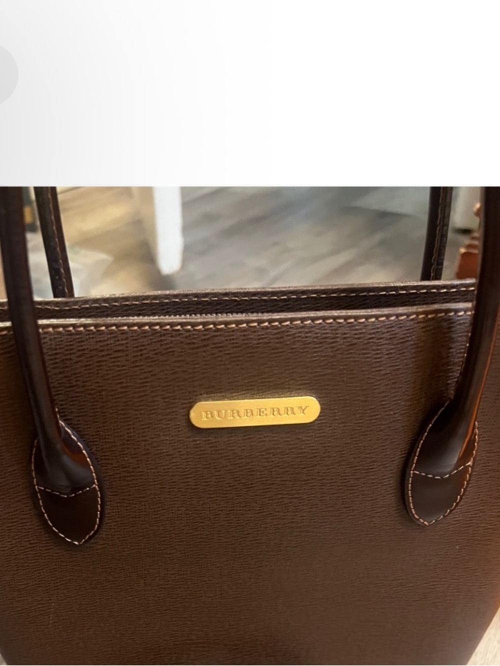 Burberry Brown Leather Tote with Gold Logo Plaque NEW